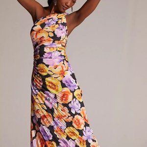 Anthropologie Geisha Designs Asymmetrical Hem Midi Dress Bold Floral, Sz XS NWT